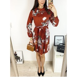 Rochie dama ieftina caramizie de zi midi cu pliuri si imprimeu flori roz cu guler chic