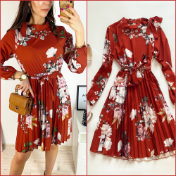 Rochie dama ieftina caramizie de zi midi cu pliuri si imprimeu flori roz cu guler chic