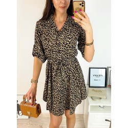 Rochie de zi ieftina maro cu imprimeu animal print mic