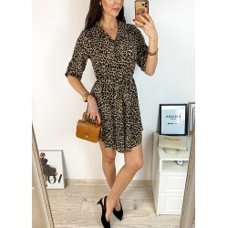 Rochie de zi ieftina maro cu imprimeu animal print mic