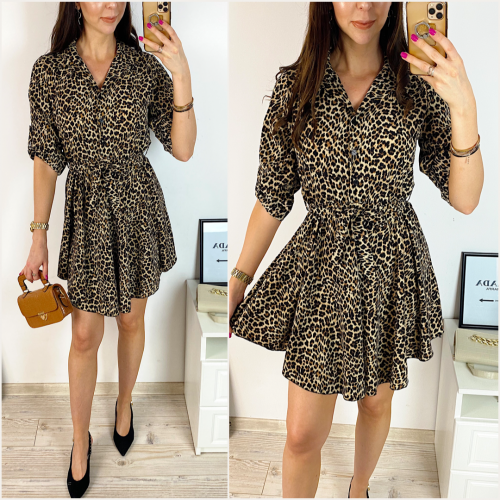 Rochie de zi ieftina maro cu imprimeu animal print mic