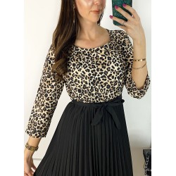 Rochie dama eleganta midi neagra cu pliuri si imprimeu animal print Half