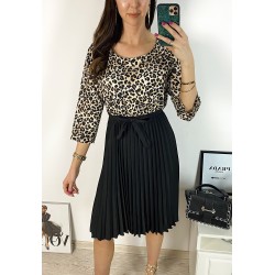 Rochie dama eleganta midi neagra cu pliuri si imprimeu animal print Half