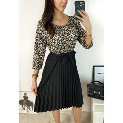 Rochie dama eleganta midi neagra cu pliuri si imprimeu animal print Half