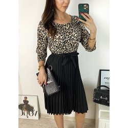 Rochie dama eleganta midi neagra cu pliuri si imprimeu animal print Half