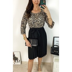 Rochie dama eleganta midi neagra cu pliuri si imprimeu animal print Half