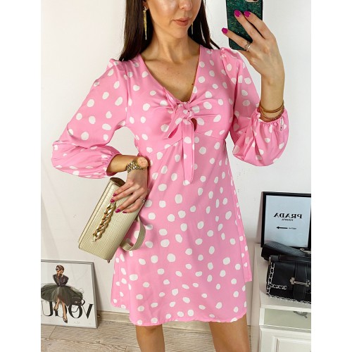 Rochie mini casual roz cu imprimeu buline si maneci lungi