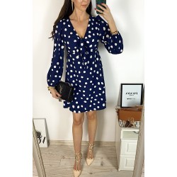 Rochie mini casual bleumarin cu imprimeu buline si maneci lungi