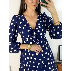 Rochie mini casual bleumarin cu imprimeu buline si maneci lungi