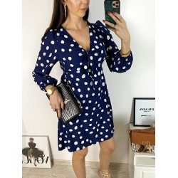 Rochie mini casual bleumarin cu imprimeu buline si maneci lungi
