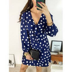 Rochie mini casual bleumarin cu imprimeu buline si maneci lungi