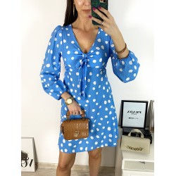 Rochie mini casual albastra cu imprimeu buline si maneci lungi