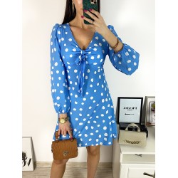 Rochie mini casual albastra cu imprimeu buline si maneci lungi