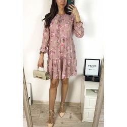 Rochie eleganta scurta roz cu volanase, maneci lungi si flori mici