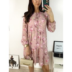 Rochie eleganta scurta roz cu volanase, maneci lungi si flori mici