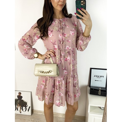 Rochie eleganta scurta roz cu volanase, maneci lungi si flori mici