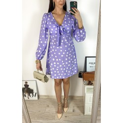 Rochie mini casual mov cu imprimeu buline si maneci lungi