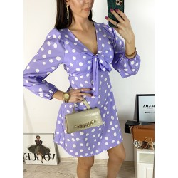 Rochie mini casual mov cu imprimeu buline si maneci lungi