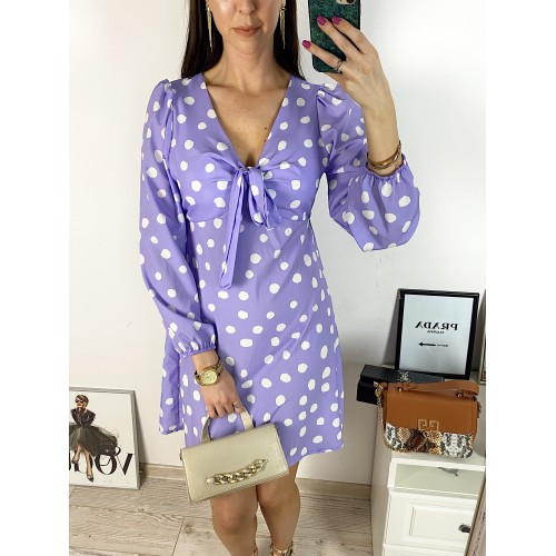 Rochie mini casual mov cu imprimeu buline si maneci lungi