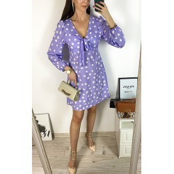 Rochie mini casual mov cu imprimeu buline si maneci lungi