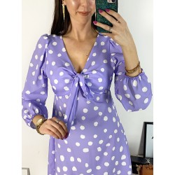 Rochie mini casual mov cu imprimeu buline si maneci lungi