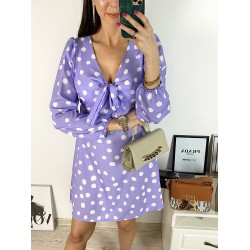 Rochie mini casual mov cu imprimeu buline si maneci lungi