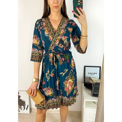 Rochie dama verde de zi midi cu pliuri si imprimeu flori vintage