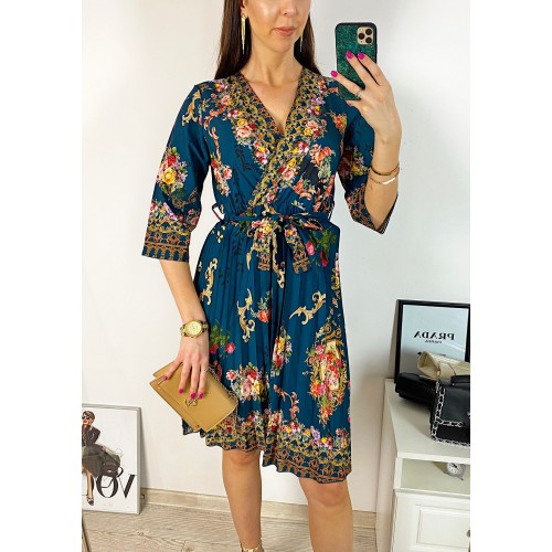 Rochie dama verde de zi midi cu pliuri si imprimeu flori vintage