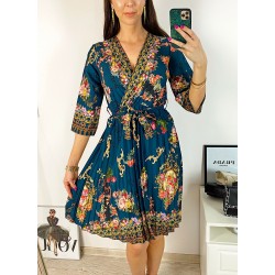 Rochie dama verde de zi midi cu pliuri si imprimeu flori vintage