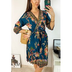 Rochie dama verde de zi midi cu pliuri si imprimeu flori vintage