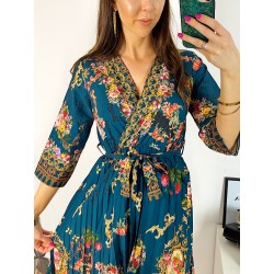 Rochie dama verde de zi midi cu pliuri si imprimeu flori vintage