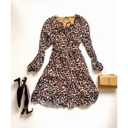 Rochie de zi casual maro cu imprimeu animal print si snur la gat