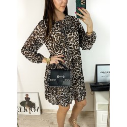 Rochie de zi casual maro cu imprimeu animal print si snur la gat