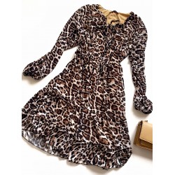 Rochie de zi casual maro cu imprimeu animal print si snur la gat