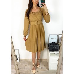 Rochie dama eleganta midi maro cu pliuri si curea in talie