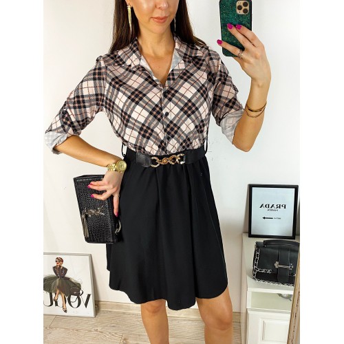 Rochie dama eleganta midi neagra cu pliuri si imprimeu carouri roz Half