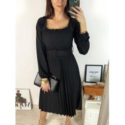 Rochie dama eleganta midi neagra cu pliuri si curea in talie