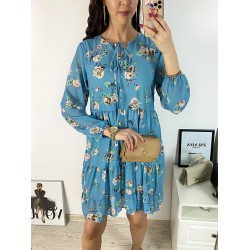 Rochie eleganta scurta albastra cu volanase, maneci lungi si flori mici