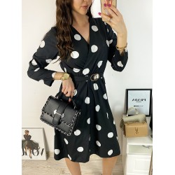 Rochie midi casual neagra cu imprimeu buline si maneci lungi