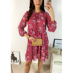 Rochie eleganta scurta roz inchis cu volanase, maneci lungi si flori mici