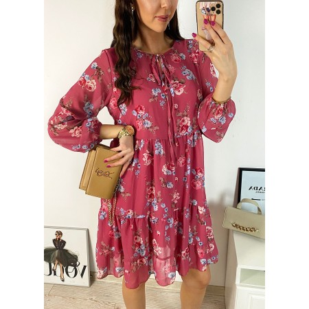 Rochie eleganta scurta roz inchis cu volanase, maneci lungi si flori mici