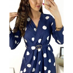 Rochie midi casual bleumarin cu imprimeu buline si maneci lungi