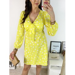 Rochie mini casual galbena cu imprimeu buline si maneci lungi