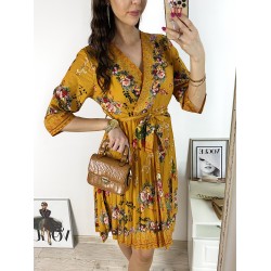 Rochie dama galbena de zi midi cu pliuri si imprimeu flori vintage