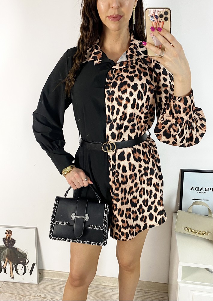 Rochie de zi ieftina maro stil camasa cu imprimeu leopard pe jumatate