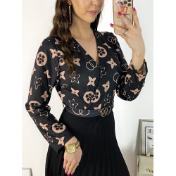 Rochie dama eleganta midi neagra cu pliuri si imprimeu stelute maro Half
