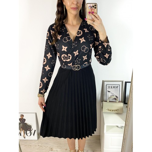 Rochie dama eleganta midi neagra cu pliuri si imprimeu stelute maro Half