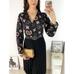 Rochie dama eleganta midi neagra cu pliuri si imprimeu stelute maro Half