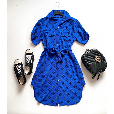 Rochie ieftina casual scurta stil camasa albastra si cordon in talie cu imprimeu zale