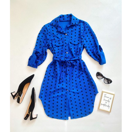 Rochie ieftina casual stil camasa lunga albastra cu imprimeu buline si maneci lungi